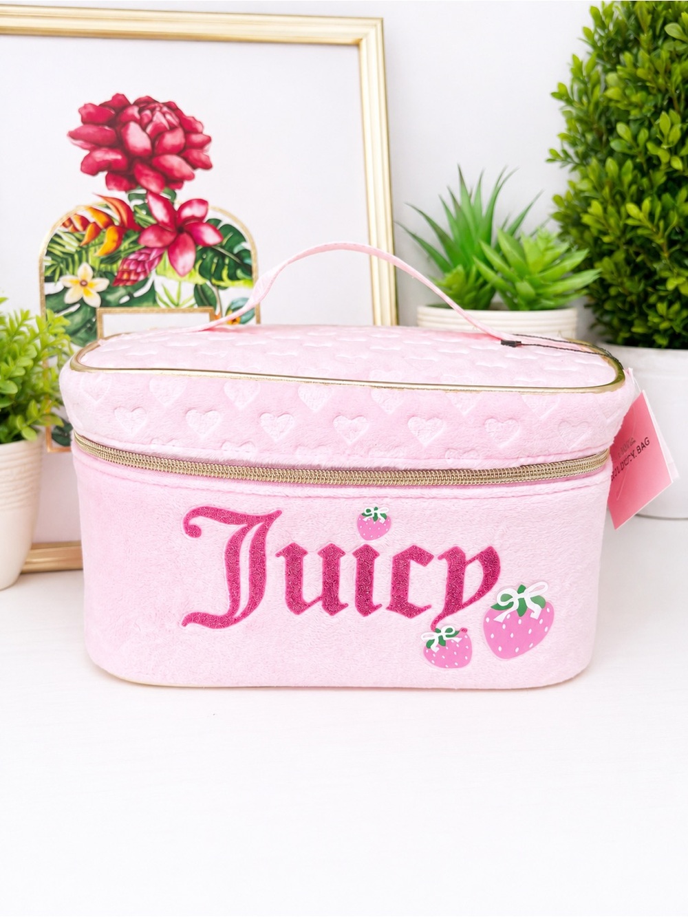 Juicy Couture Pink Strawberry Velour Travel Cosmetic Bag Train Case
